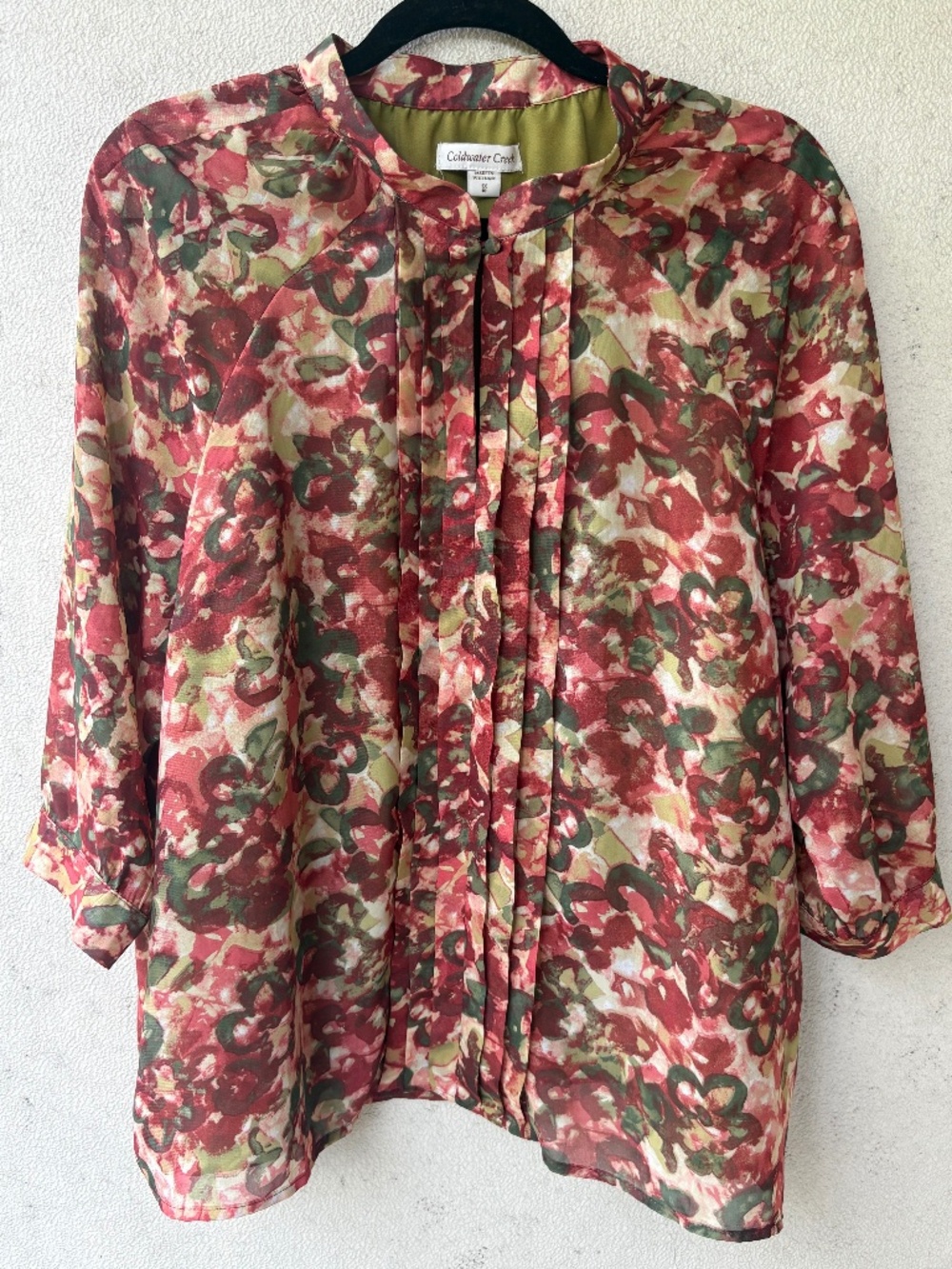 Coldwater Creek Floral Pleated Blouse Top 1X 18 Fall Olive Red